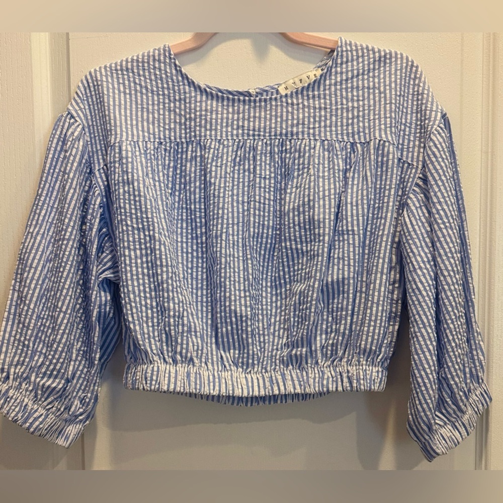HYFVE Cropped Blue White Seersucker Top Blouse L